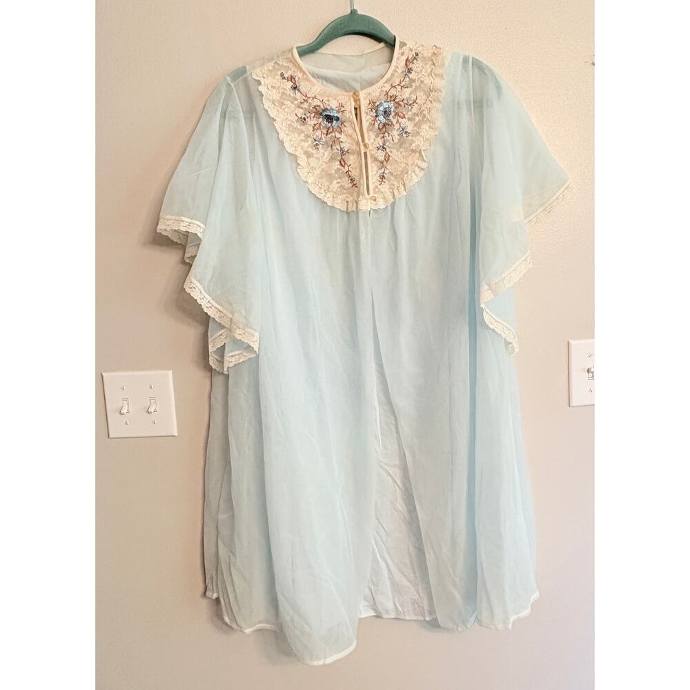 Vintage Gilead Blue Sheer Peignoir Set Nightgown & Robe M Medium Embroidered